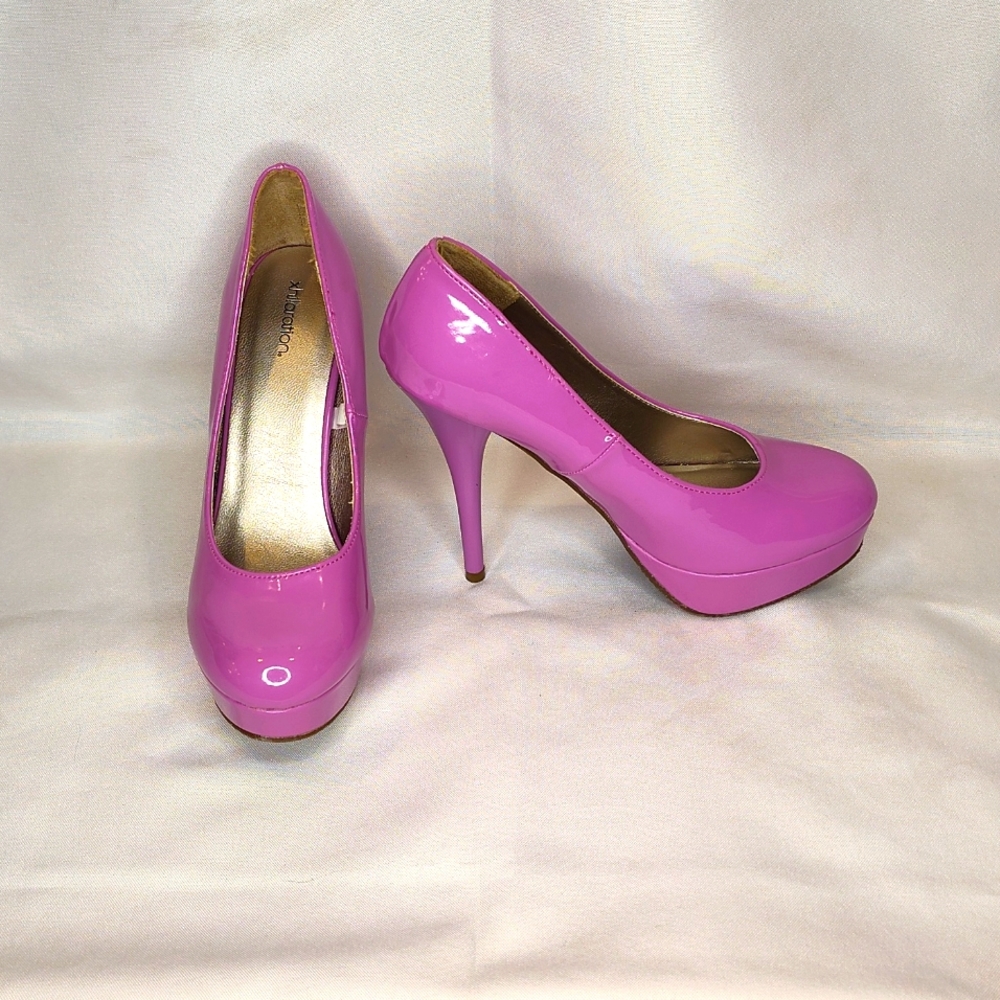 Exhilaration purple pink patent leather tall stiletto platform heel pump 7